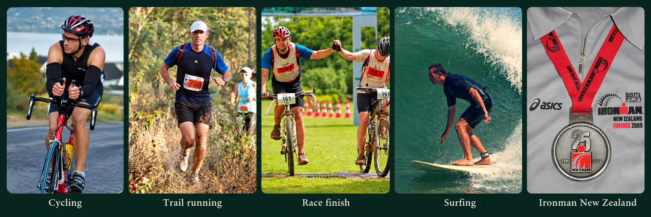 Nigel Vernon cycling, trail running, finishing a race, surfing, and his Ironman New Zealand finisher medal