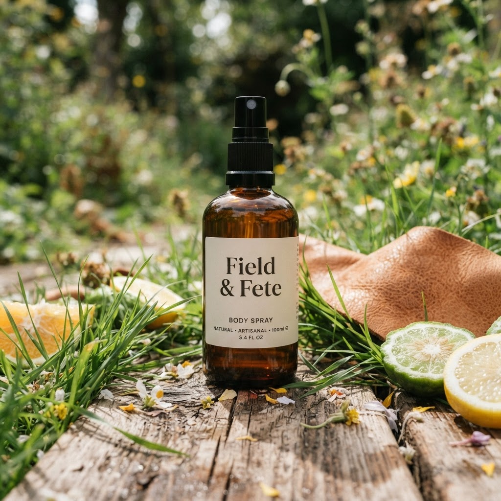 Field & Fete eau de toilette bottle resting on cedar with grass, leather, and citrus