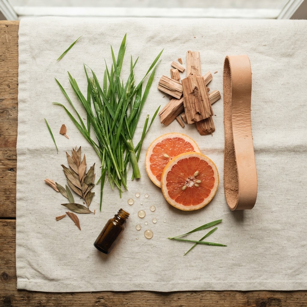 Natural ingredients — grass, cedar, citrus, and leather