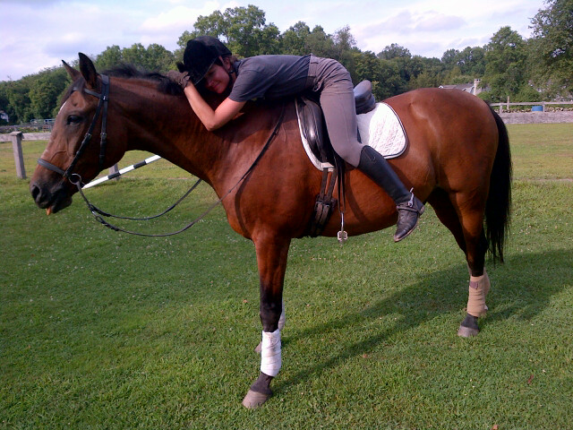 A rider in a helmet and tall boots lying affectionately across the back of a bay horse in a grassy field