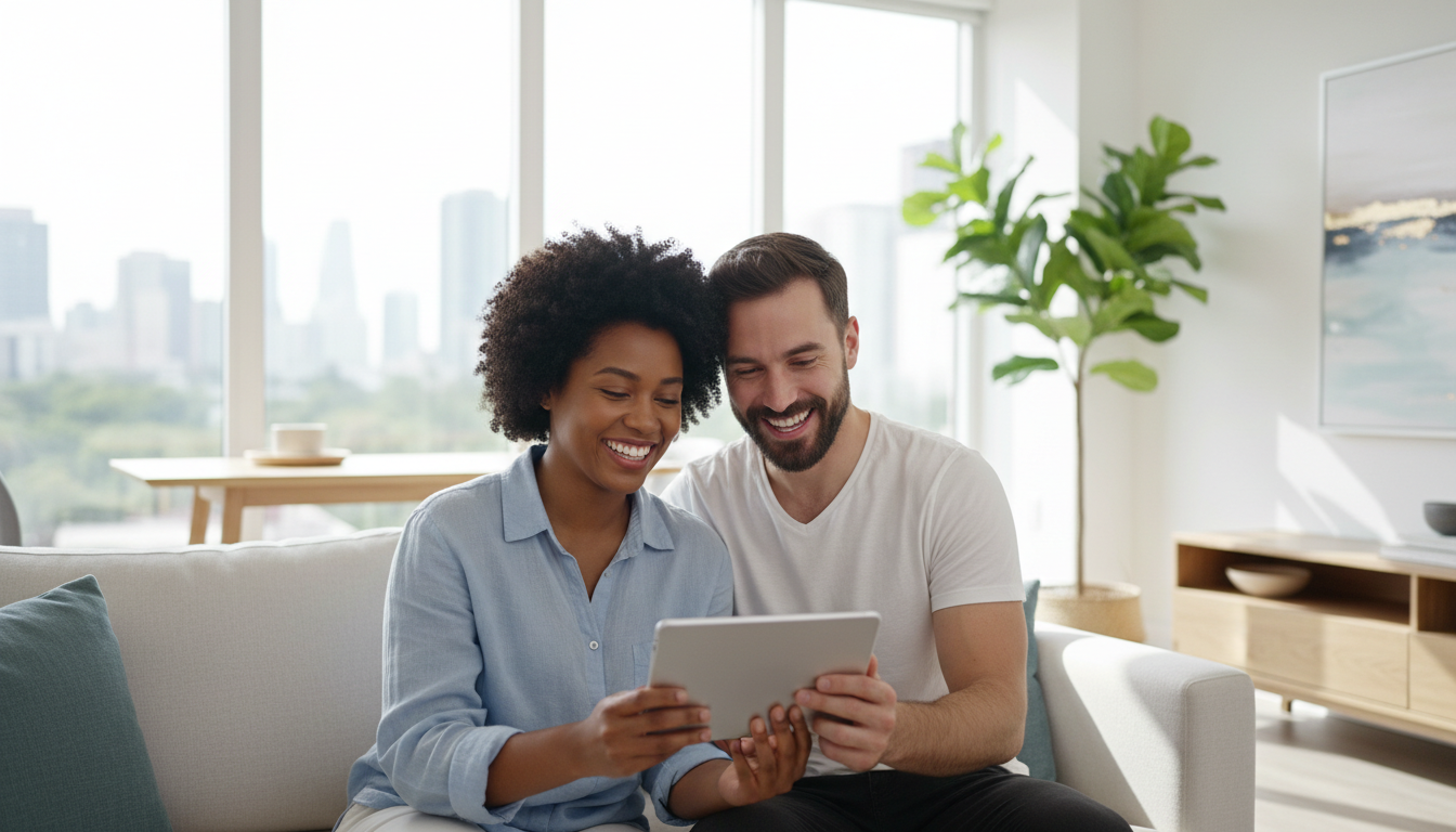 Happy couple using mobile notary services from their living room