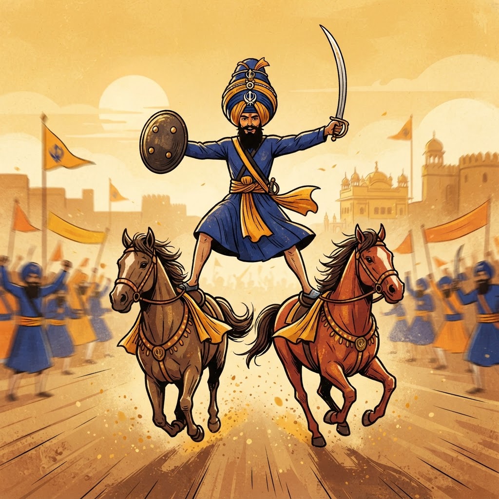 Sikh warrior riding two horses