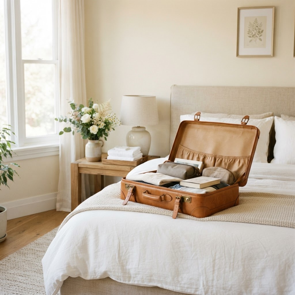 A neatly made guest bedroom with morning light