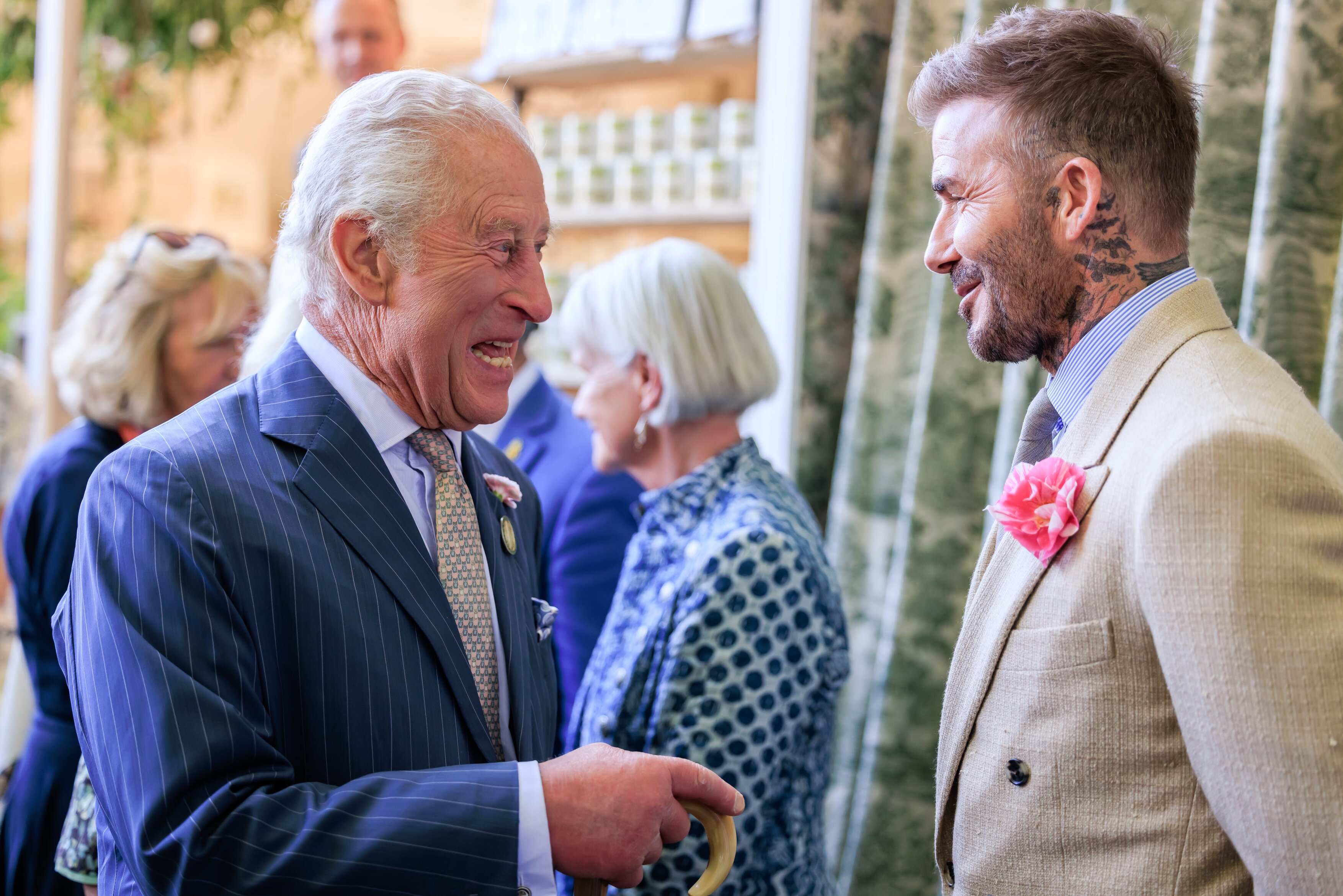 King Charles III in conversation with Sir David Beckham at the RHS Chelsea Flower Show, 2025.