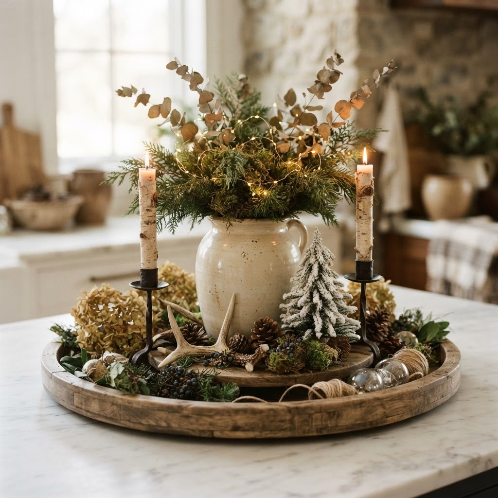 A woodland centrepiece on an aged-wood tray — mossy evergreen, birch-bark candles and pinecones