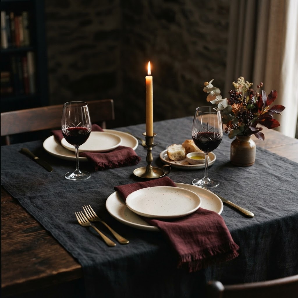 A candlelit dinner table set for two, with porcelain plates and glasses of wine.