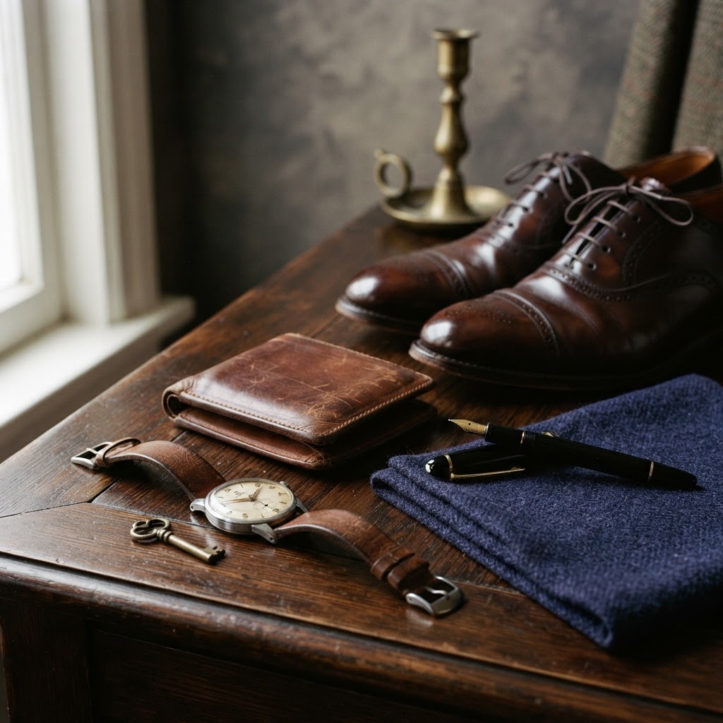 A vintage watch, leather wallet, leather shoes and a fountain pen arranged on dark wood.