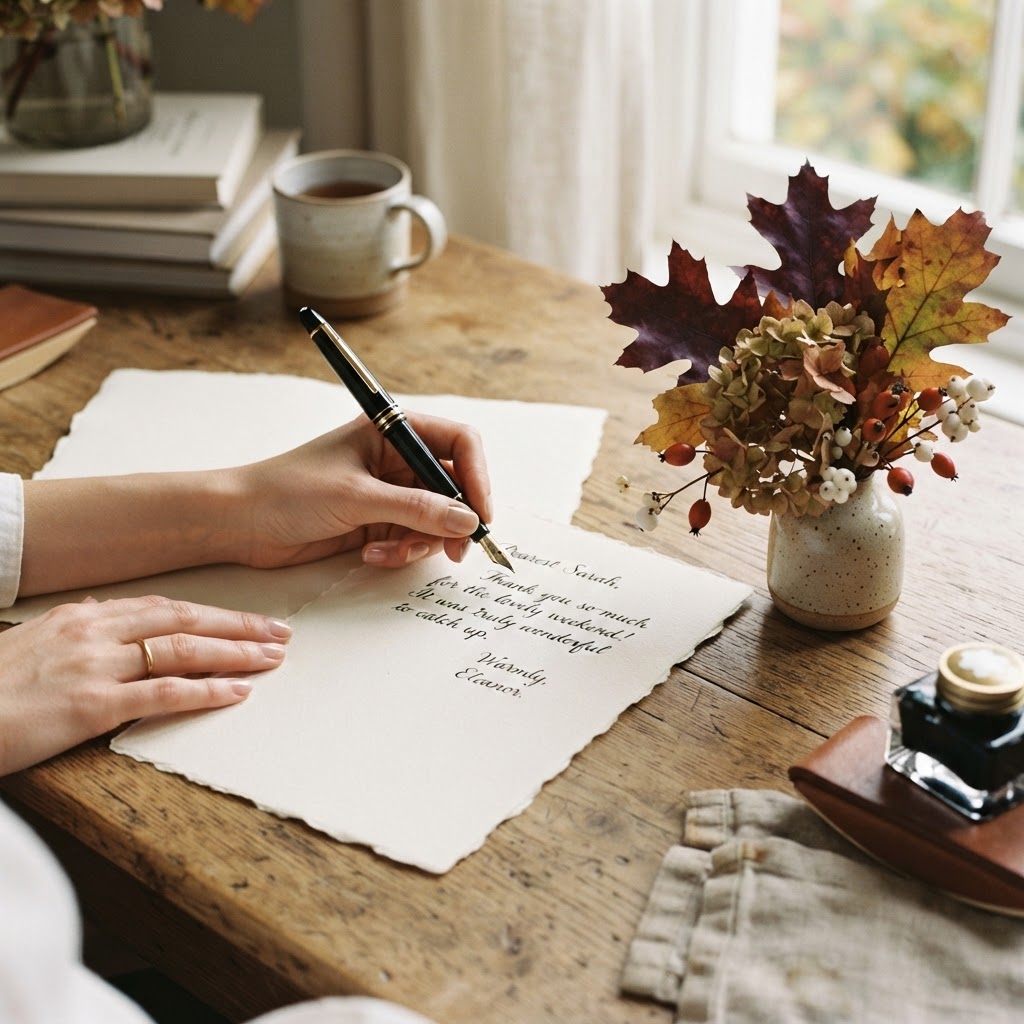 A handwritten thank-you note on cream stationery with autumn leaves