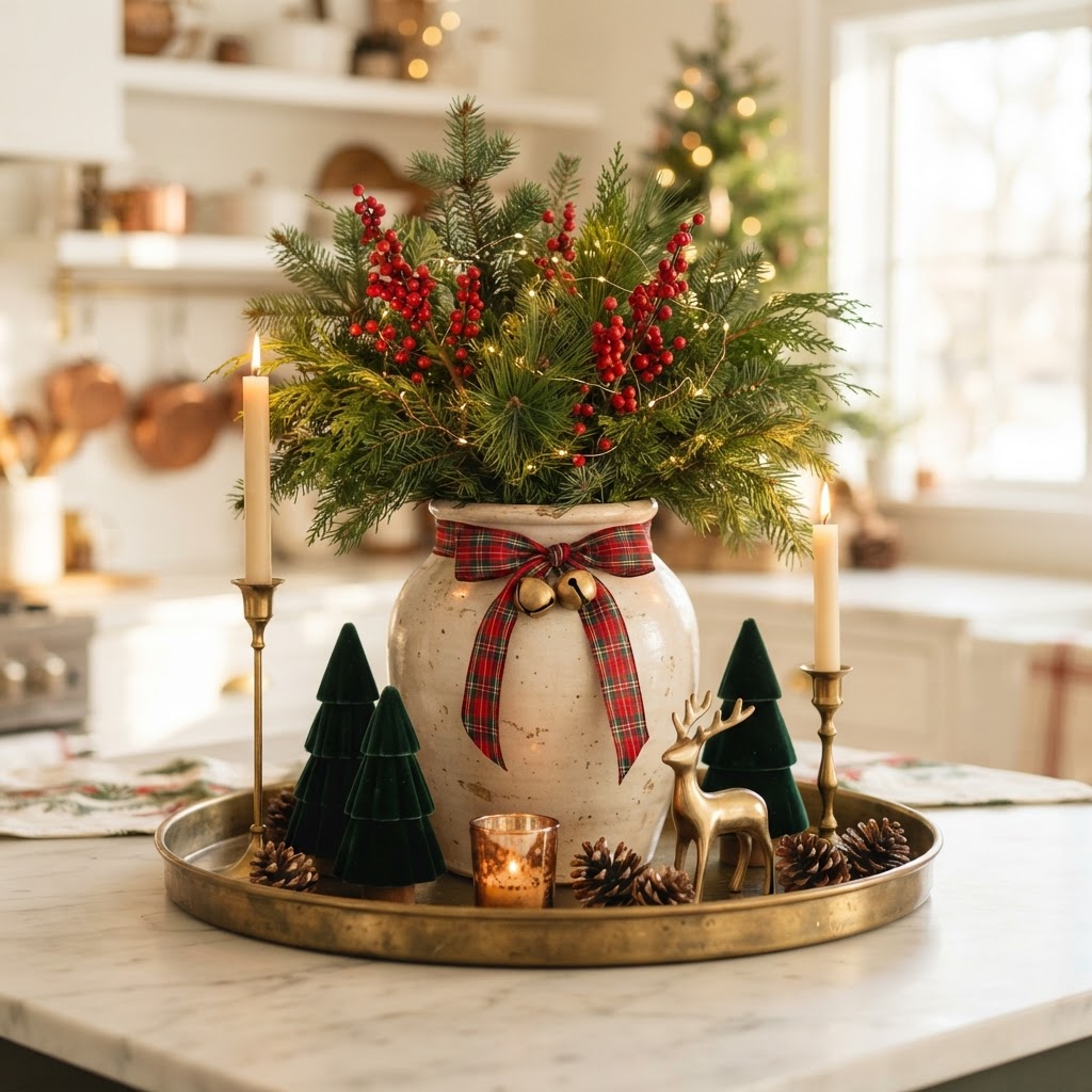 A holiday table centrepiece on an aged brass tray — a cream ceramic vase with evergreen, red berries and fairy lights, brass candlesticks, velvet trees and a gold reindeer