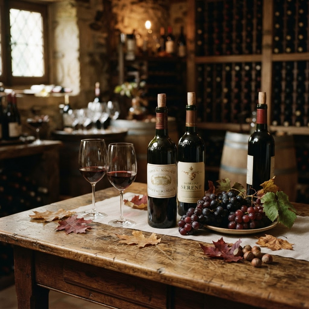 Autumn red wine bottles and glasses on a wooden table with grapes and fallen leaves