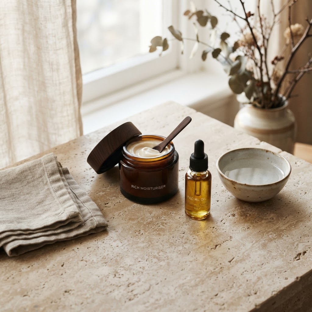 A jar of moisturising cream beside folded linen