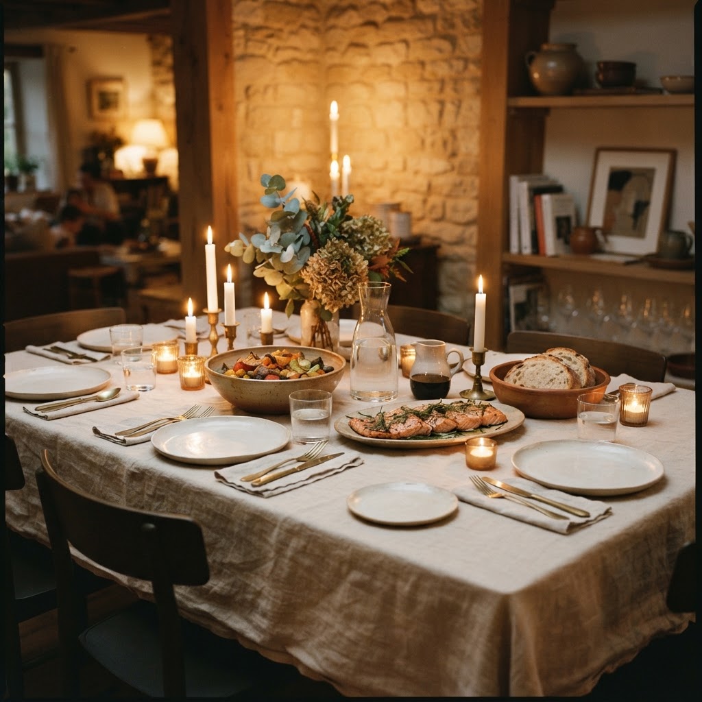 A warmly lit dining table set for a family dinner, with candles and ceramic serving dishes.