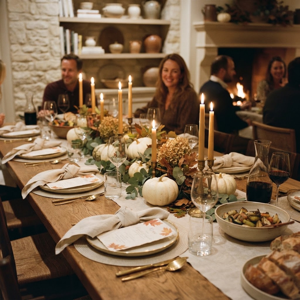 An autumn table set with linen, beeswax candles and small white pumpkins