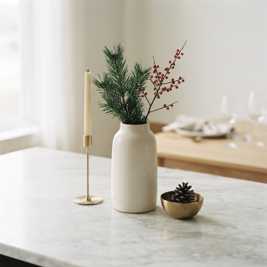 A minimalist centrepiece — a single cream vase with three sprigs of evergreen, one brass candlestick, one brass bowl with a pinecone, generous negative space
