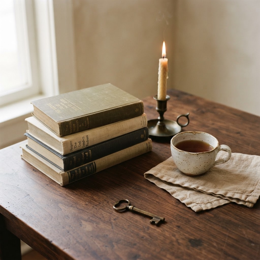 A still life of books, a brass candlestick and a ceramic cup on a dark walnut table.