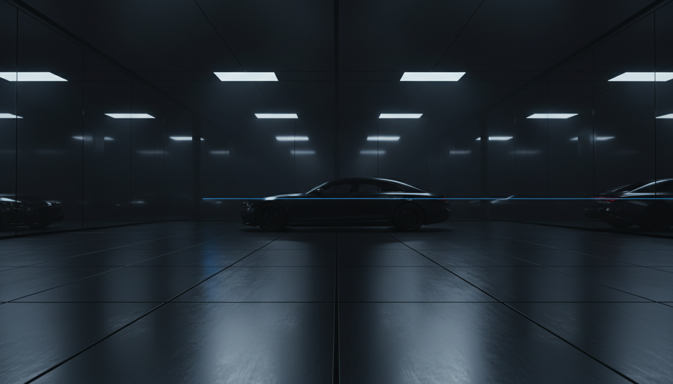 Luxury vehicle in dark diagnostic hangar with ambient blue lighting