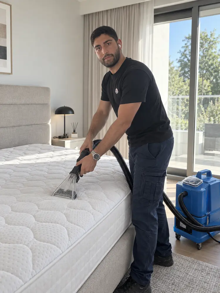 טכנאי קלין ספות מנקה מזרן בבית הלקוח במכונת הזרקה ויניקה