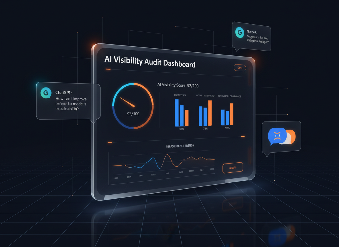 AI Visibility Audit Dashboard showing a business visibility score with analytics pillars