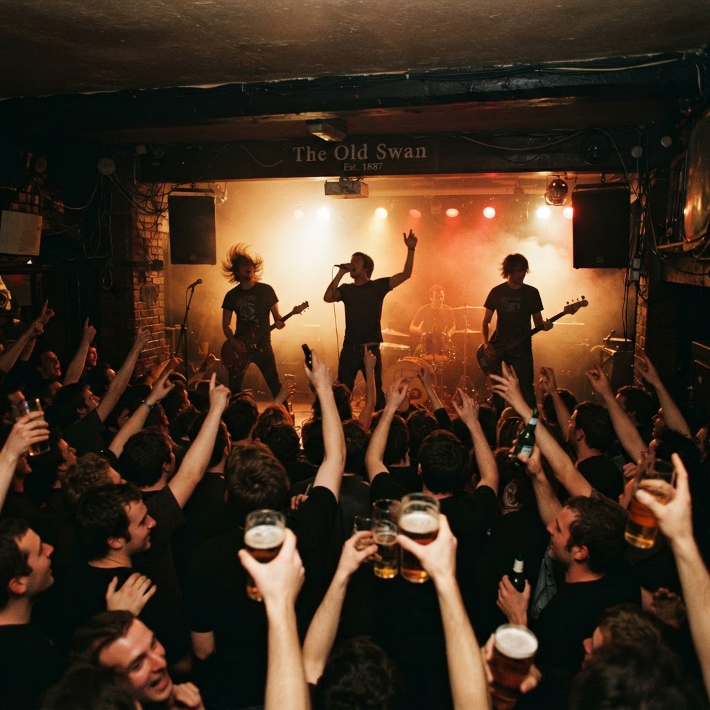 A live band performing to a packed venue in the early days of Best Acts