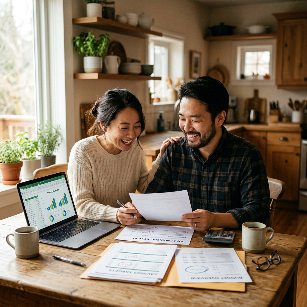 Asian couple reviewing finances together with hope and relief