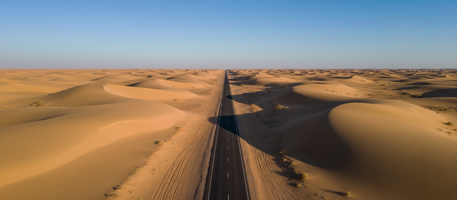 A straight road cutting through a clean desert landscape