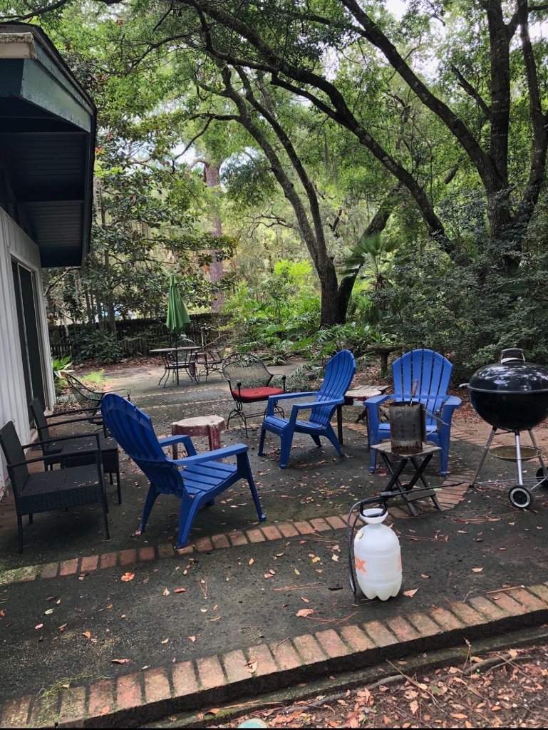 Patio with dark stains and years of algae buildup before Blueprint Construction soft wash — Golden Isles, GA