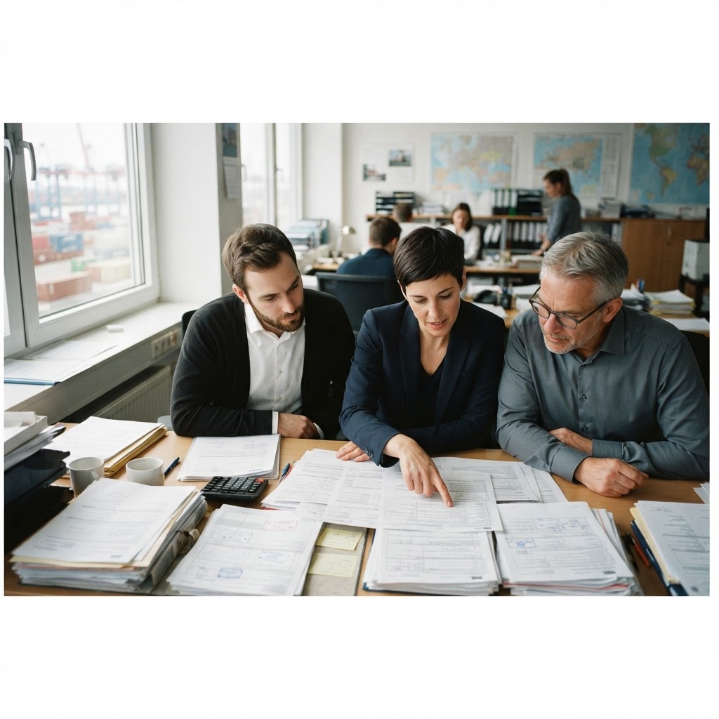 Three trade and logistics professionals reviewing shipment paperwork and customs declaration documents in a freight forwarding office
