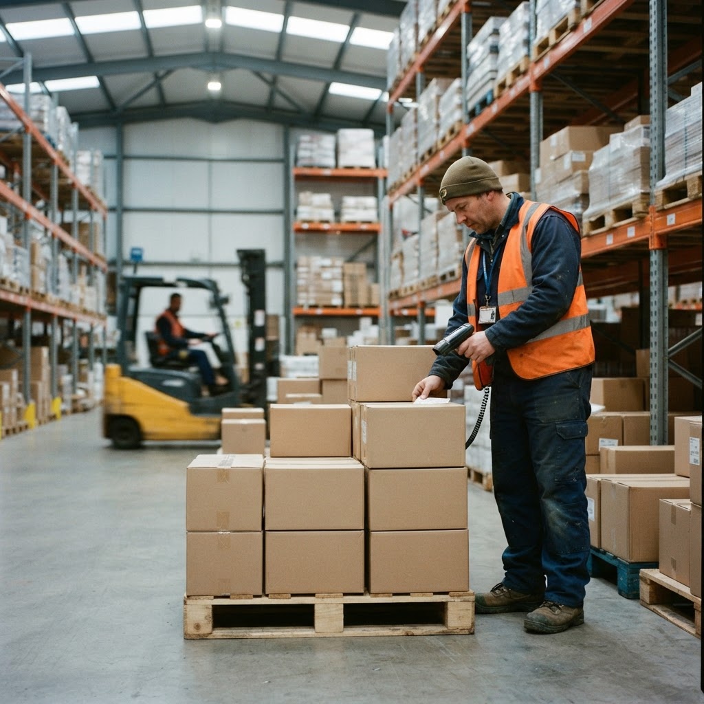 Warehouse operative scanning a pallet of cartons beside racking in a distribution centre