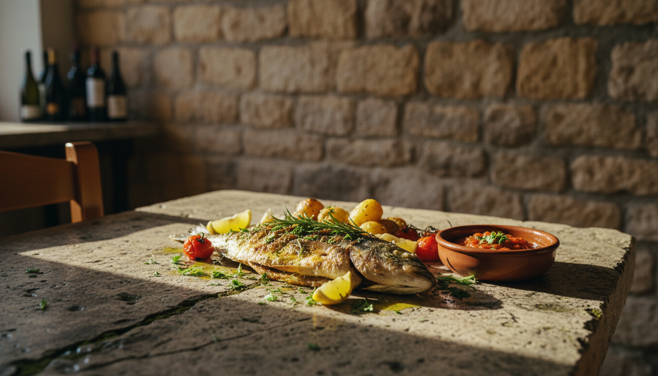 Traditional Croatian seafood dish with olive oil and herbs on rustic stone table