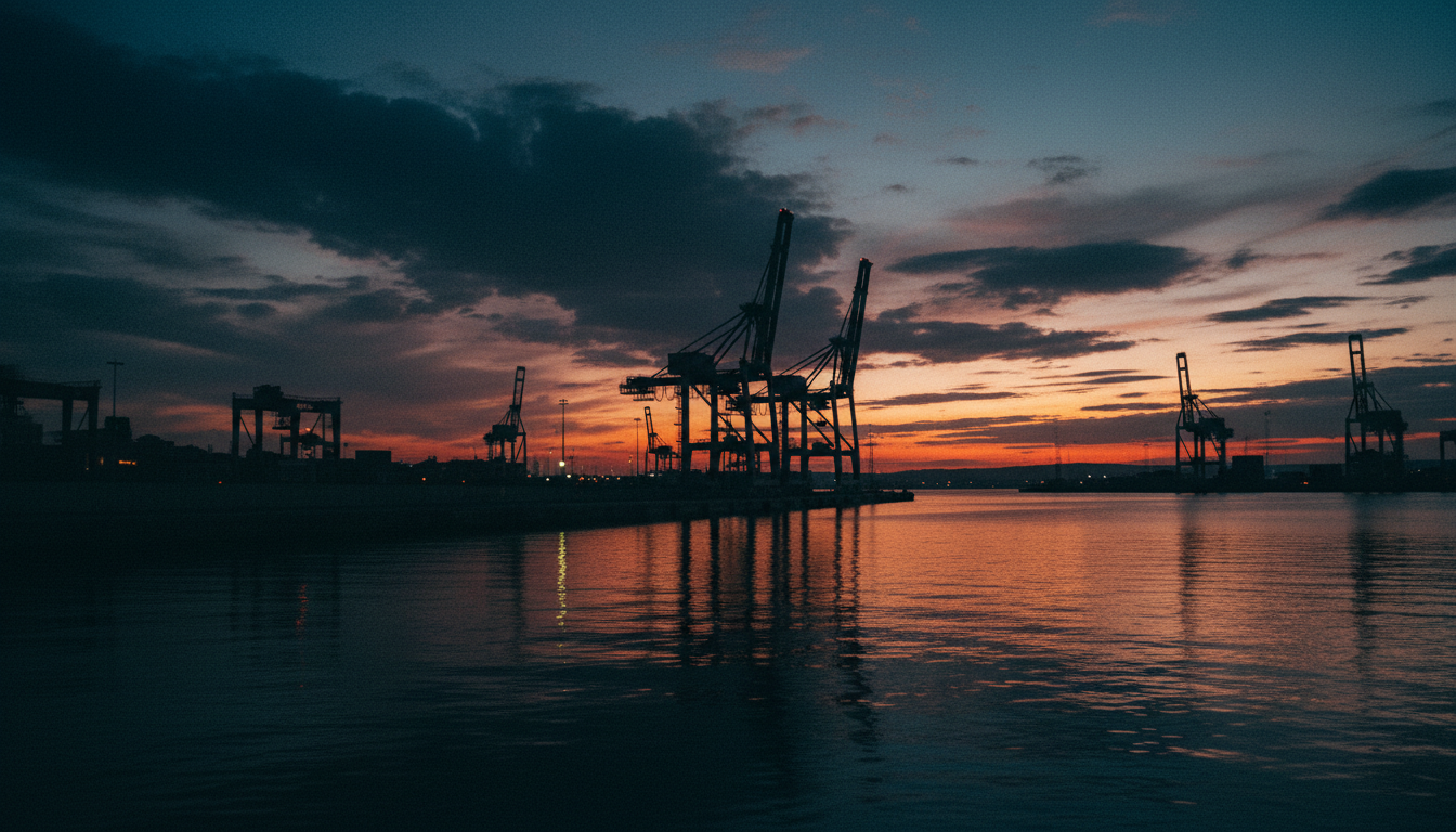 Rijeka port at blue hour with industrial cranes against dramatic sunset sky