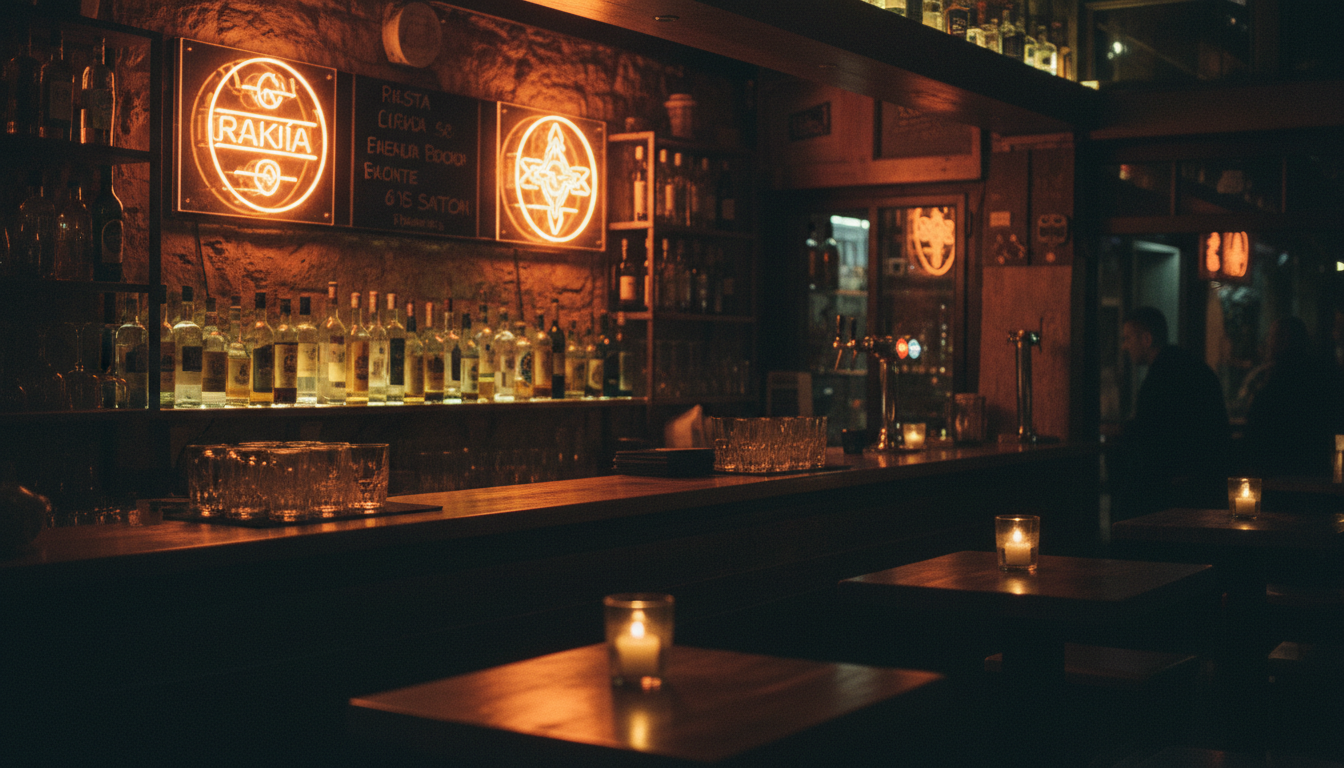 Atmospheric Croatian rakija bar interior with warm neon reflections at night