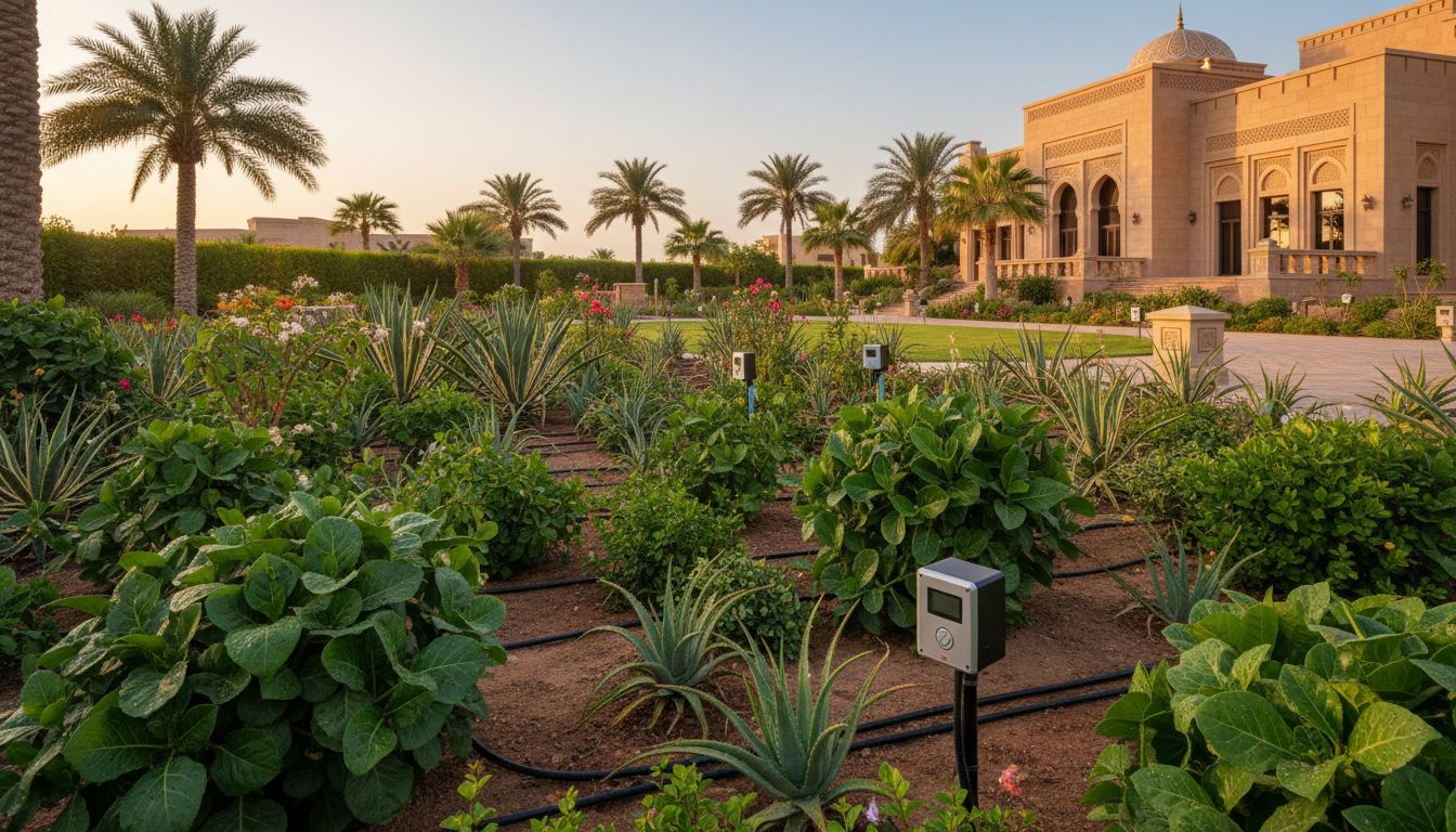 Smart irrigation system in a beautiful Muscat villa garden