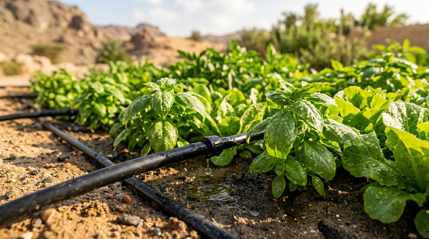 Drip irrigation system watering plants in Oman
