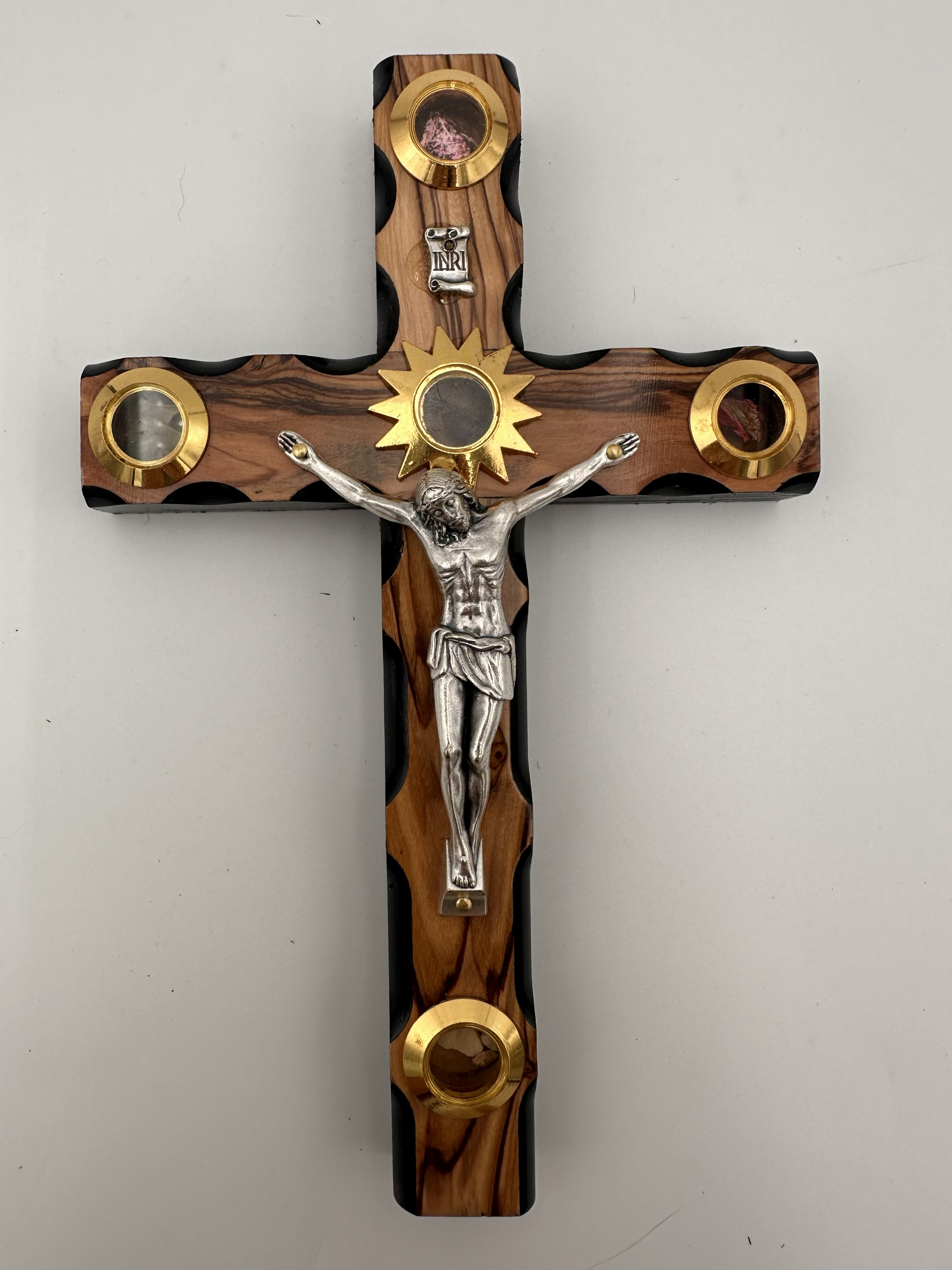 Olive Wood Crucifix with Holy Land Reliquaries & Stations of the Cross, Black Edges (10x6 in) 2