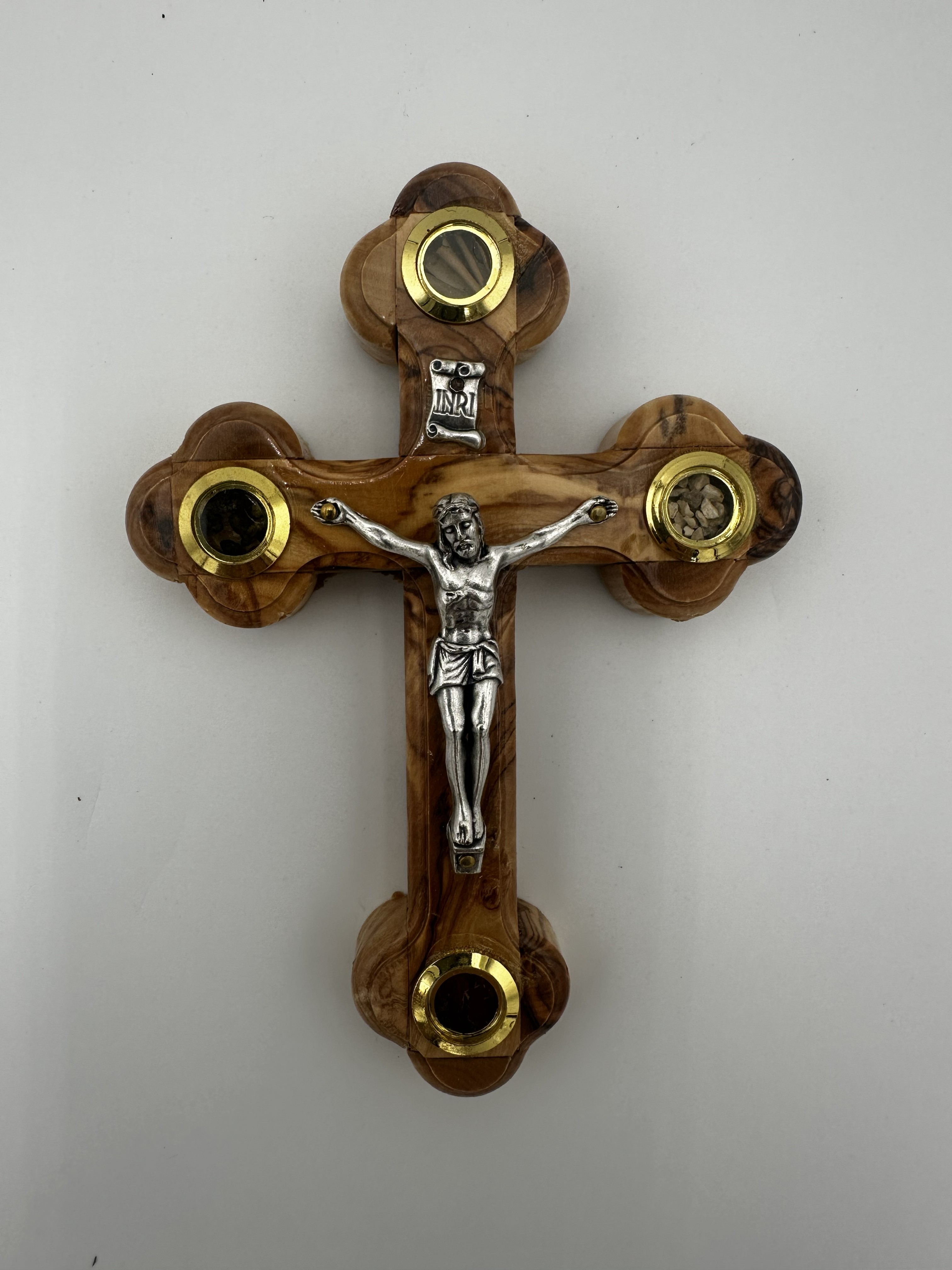 Olive Wood Crucifix with Holy Land Reliquaries