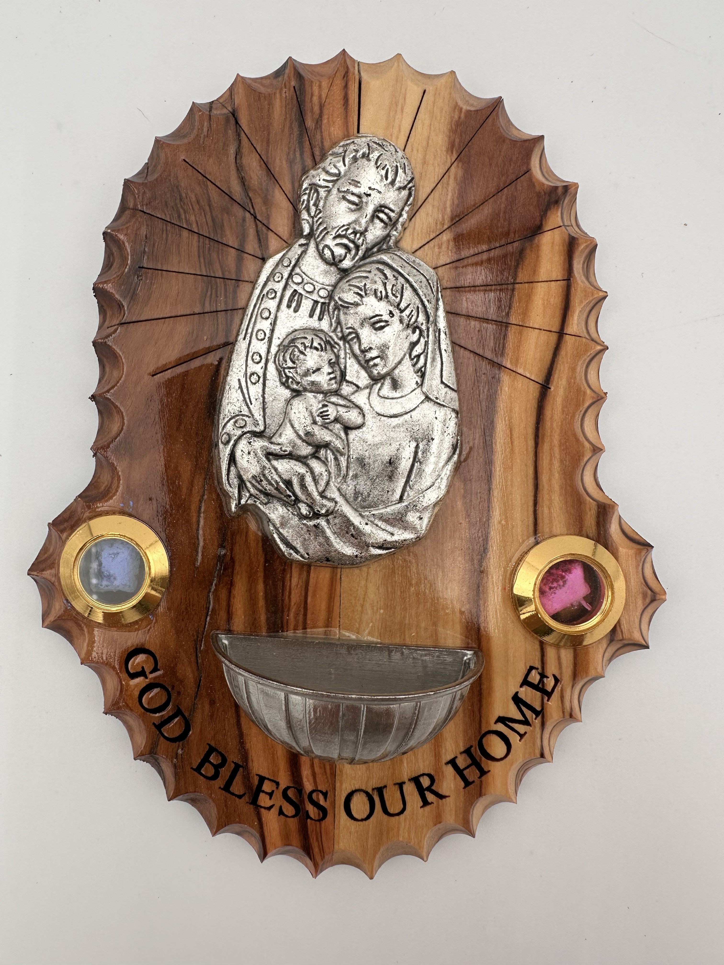 Olive Wood Plaque Holy Font with Holy Family (6x5 in)
