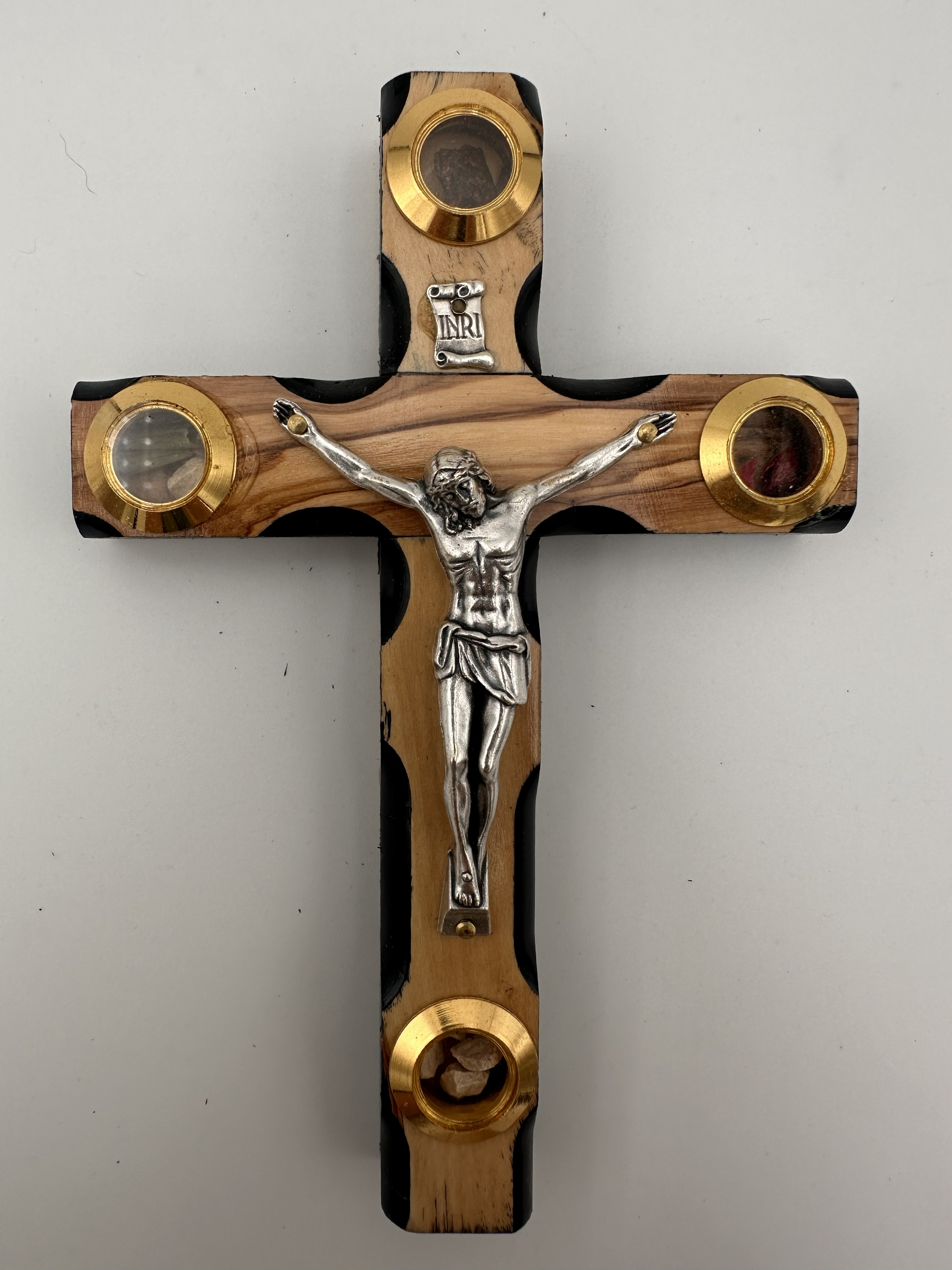 Olive Wood Crucifix with Holy Land Reliquaries & Stations of the Cross, Black Edges (6x4 in)