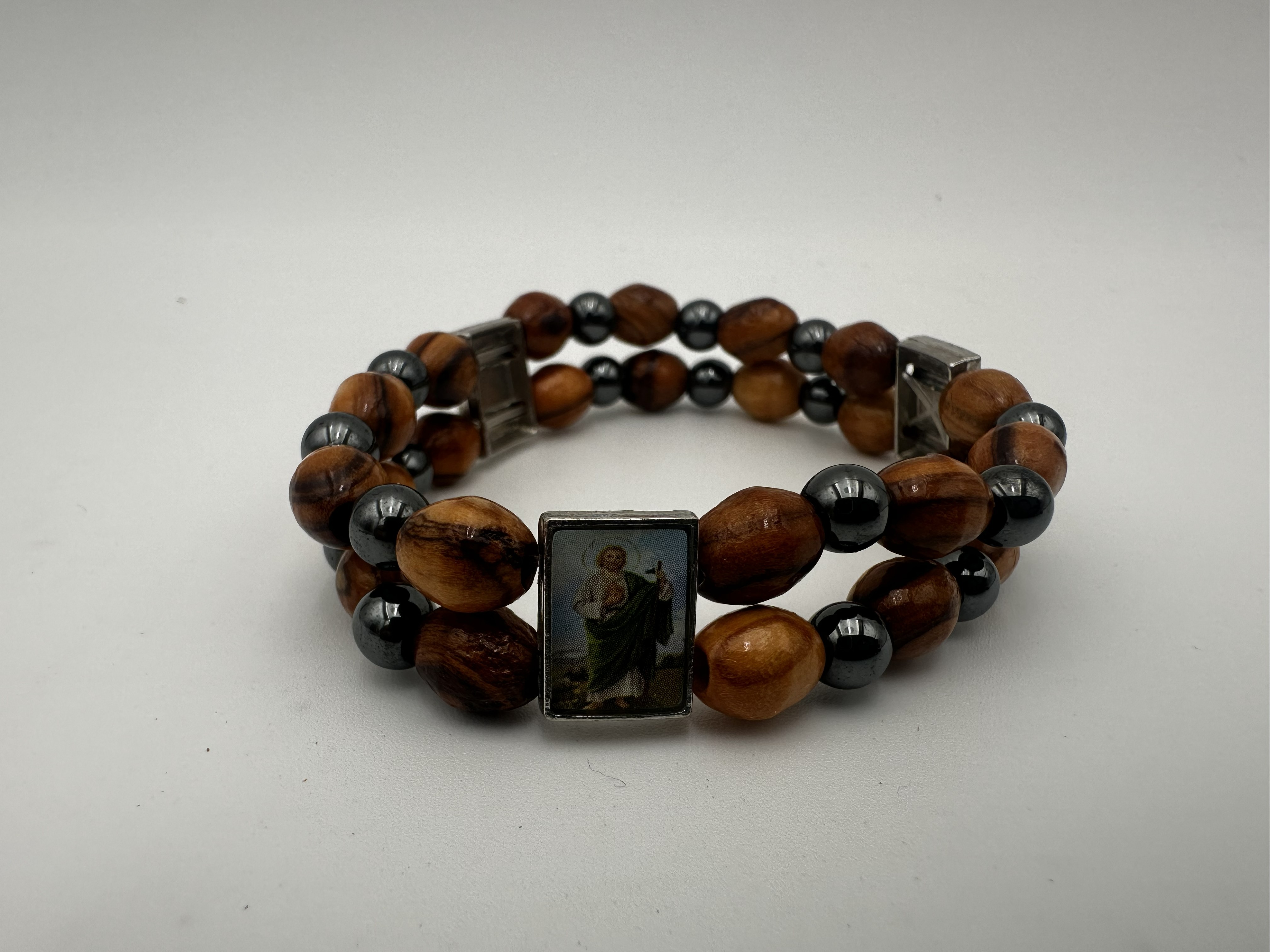 Olive Wood & Hematite Bracelet with Religious Icons 2