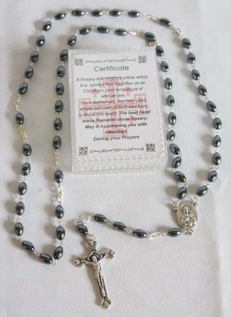 Hematite Rosary with Holy Soil, 20 inches
