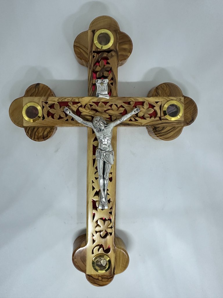 Olive Wood Crucifix with Red Foil Pearl Backing