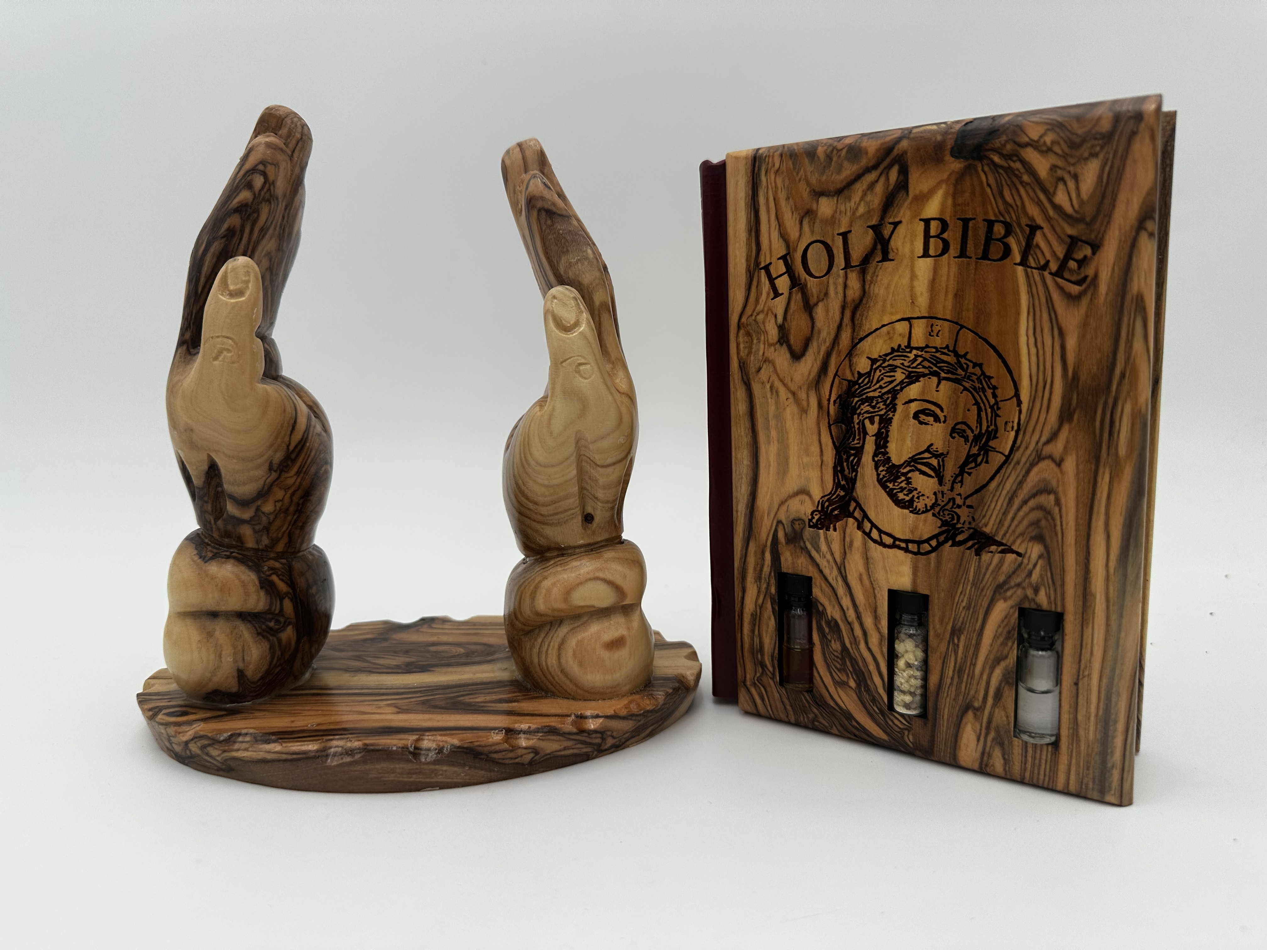Holy Bible with Olive Wood Praying Hands Holder 4