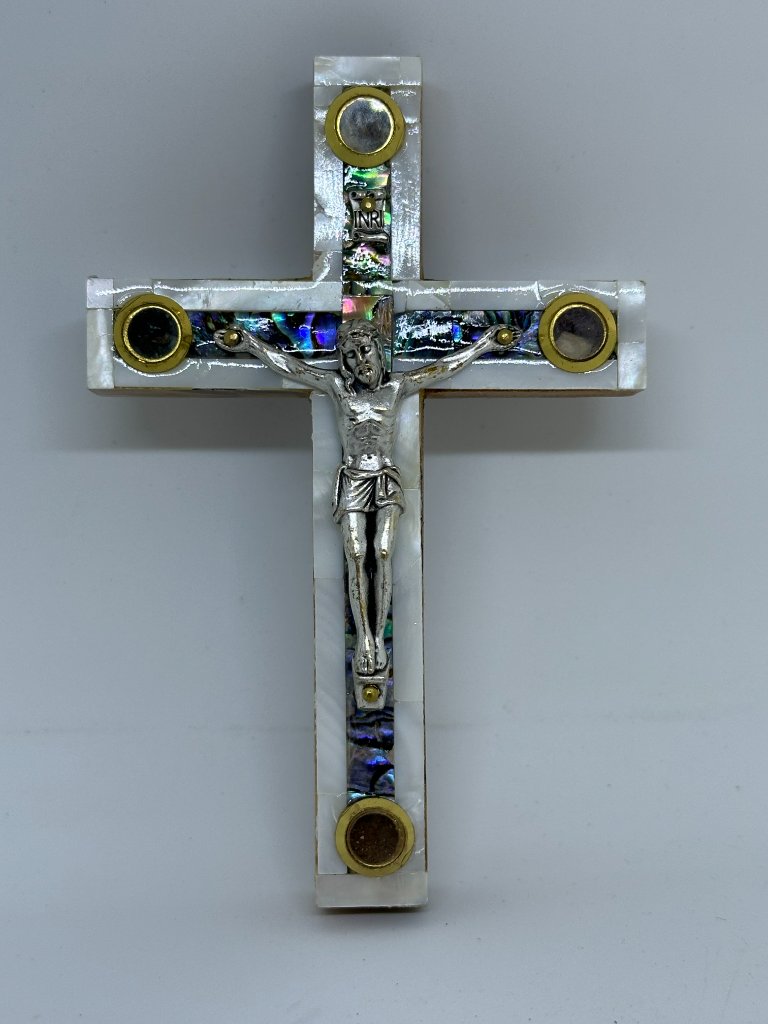 Olive Wood with Mother of Pearl Crucifix with Holy Land Elements