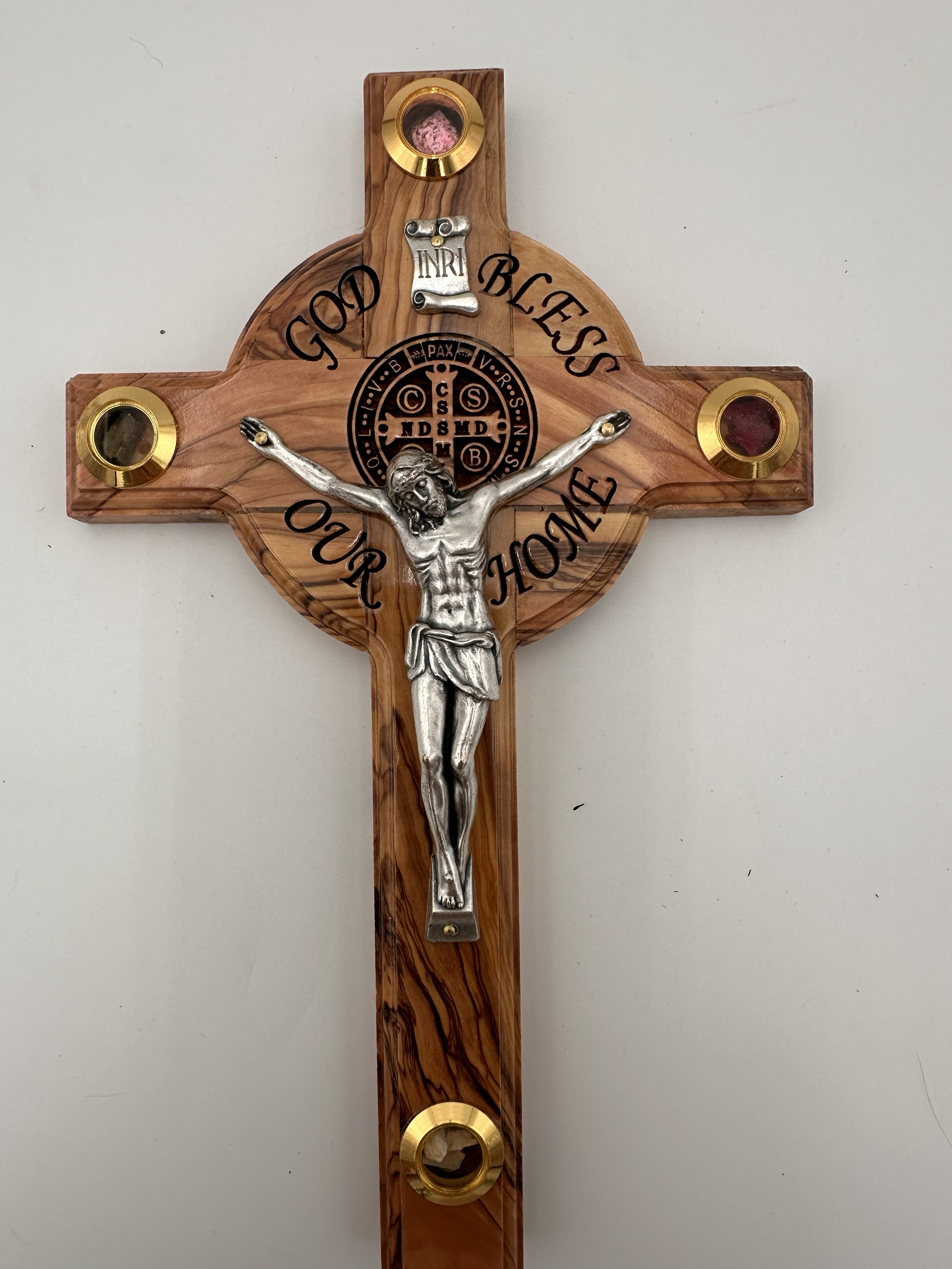 Olive Wood Benedictine Crucifix with Holy Land Reliquaries, Black Edges (10x6 in)