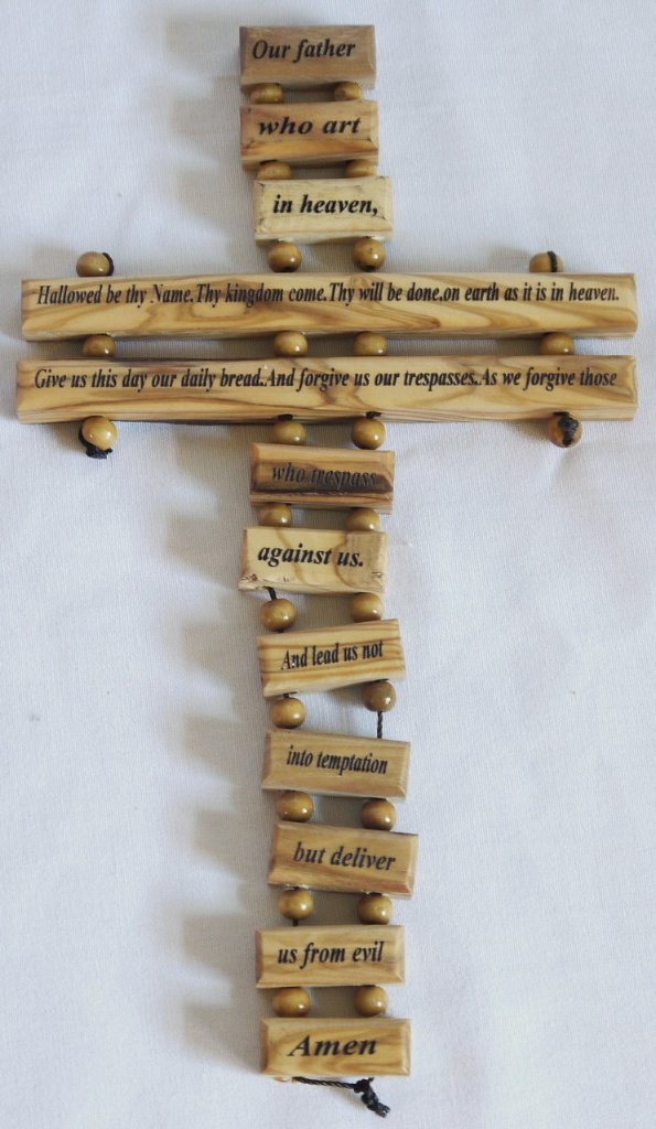 Olive Wood Our Lord's Prayer Cross, 9.5x5.5 inches