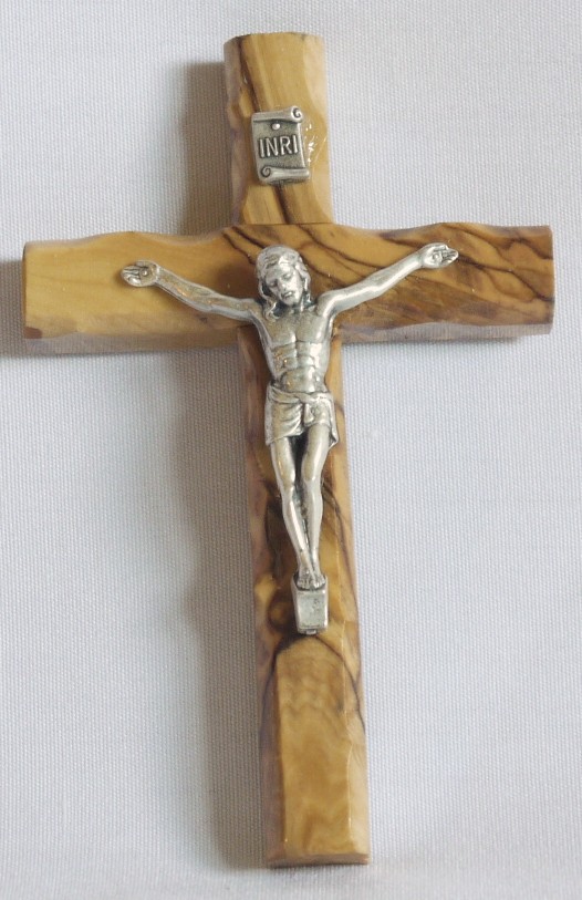 Olive Wood Latin Crucifix with Silver Corpus, 5x3 inches