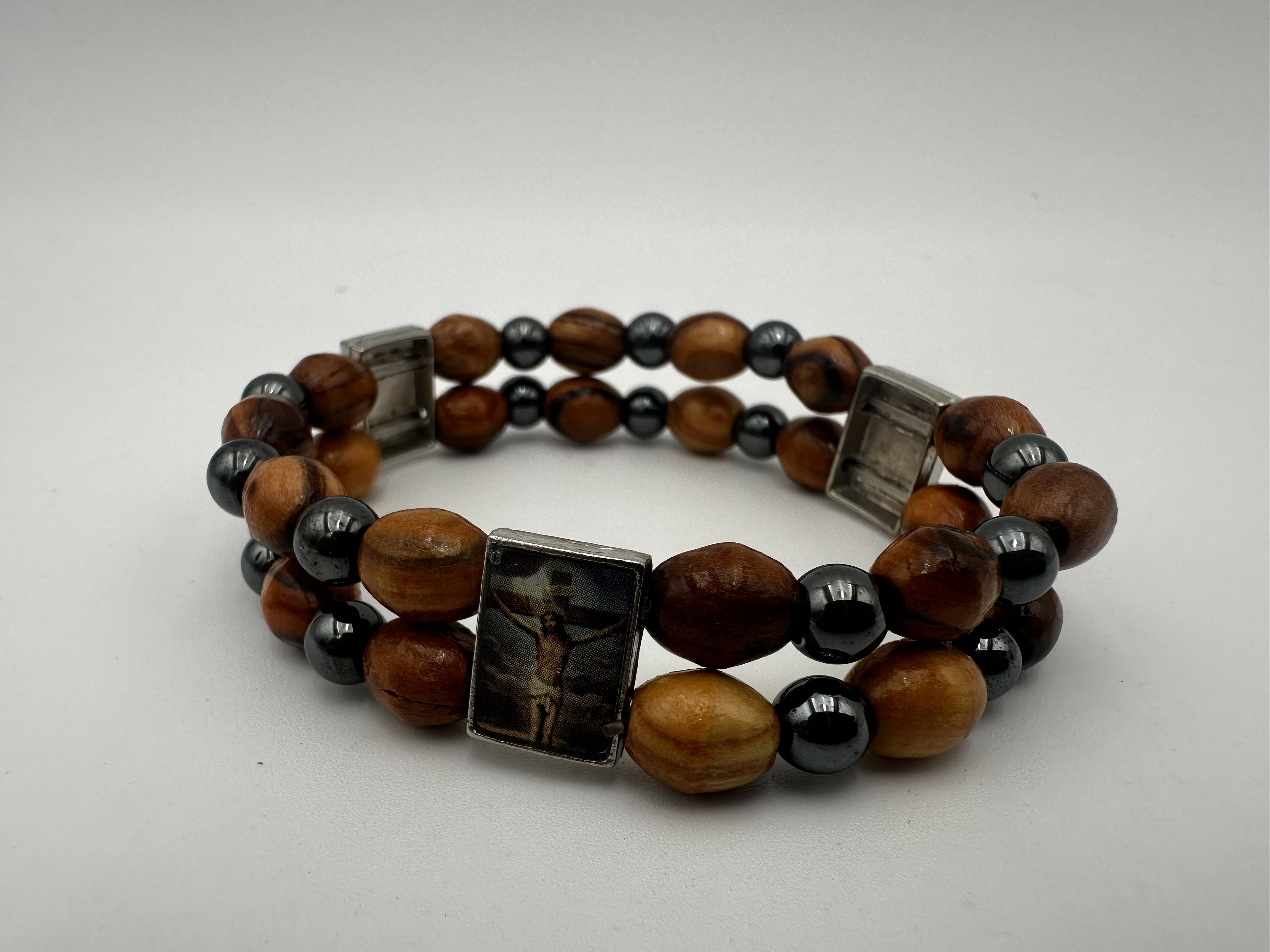 Olive Wood & Hematite Bracelet with Religious Icons