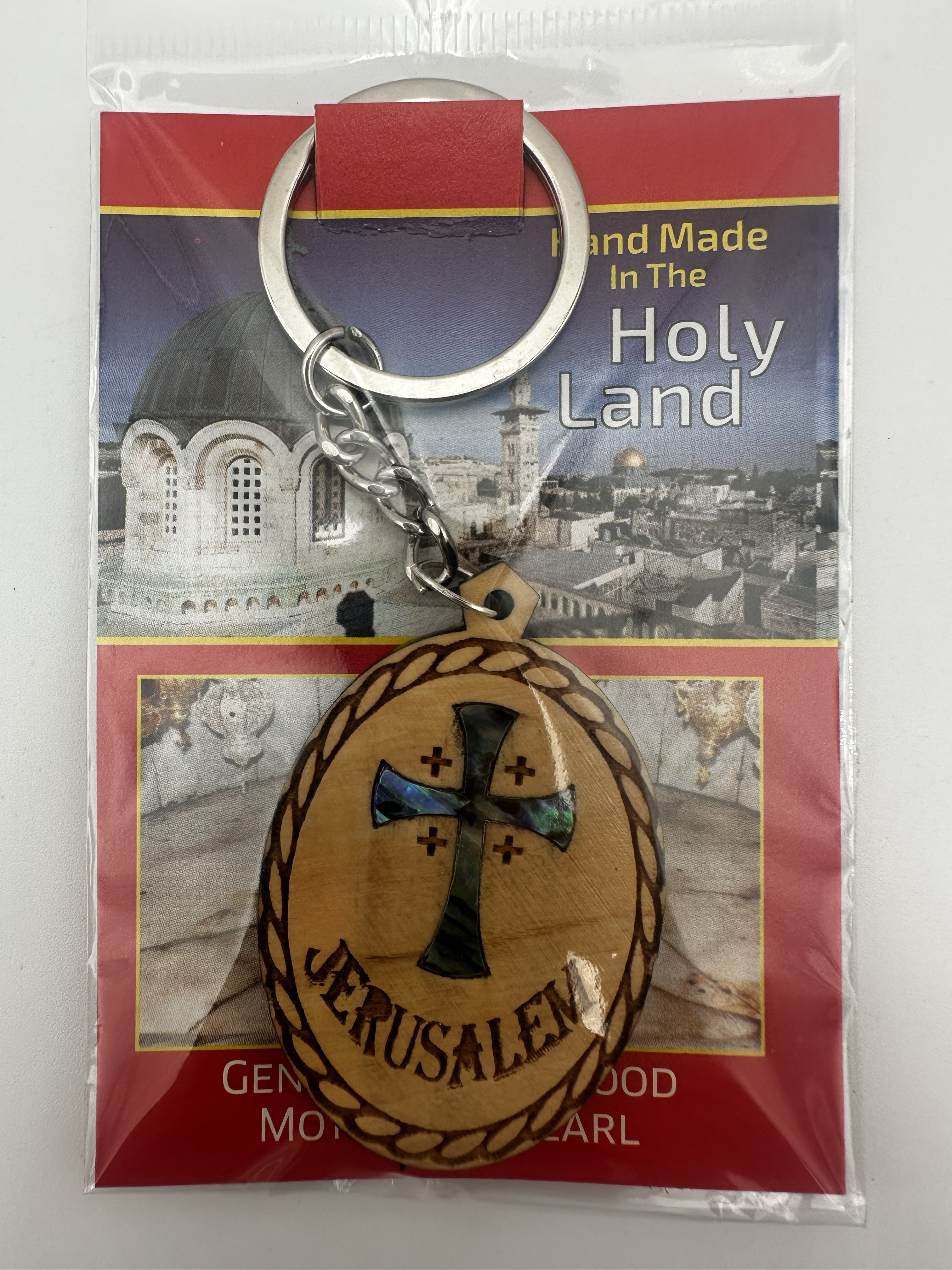 Olive Wood Key Chain Cross with Mother of Pearl