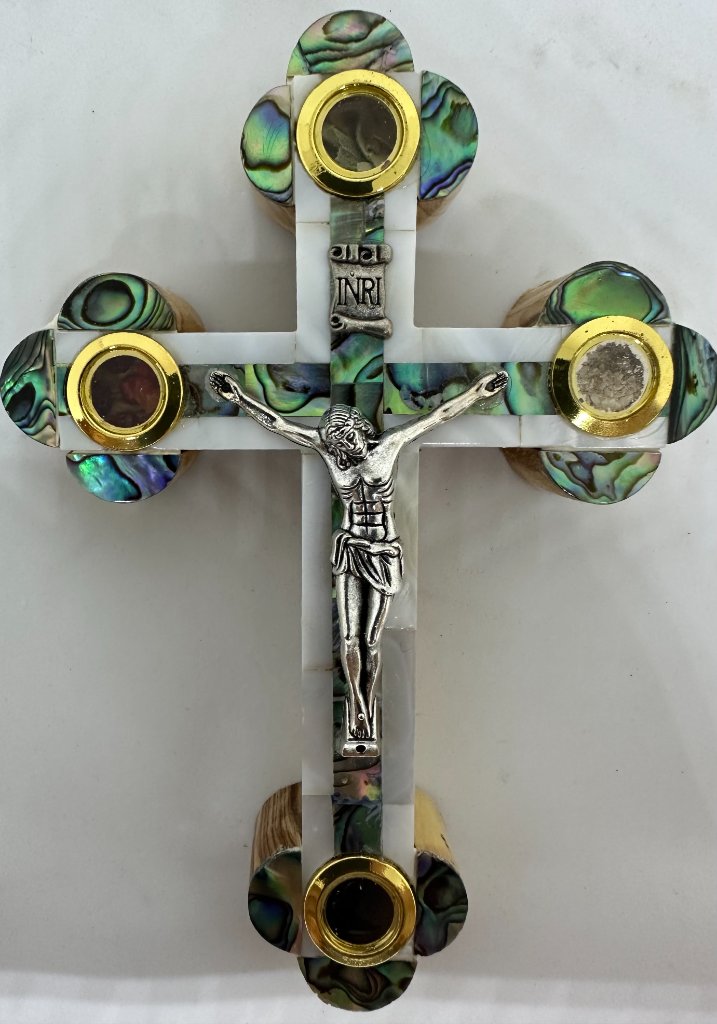 Olive Wood with Mother of Pearl Crucifix with Holy Land Elements