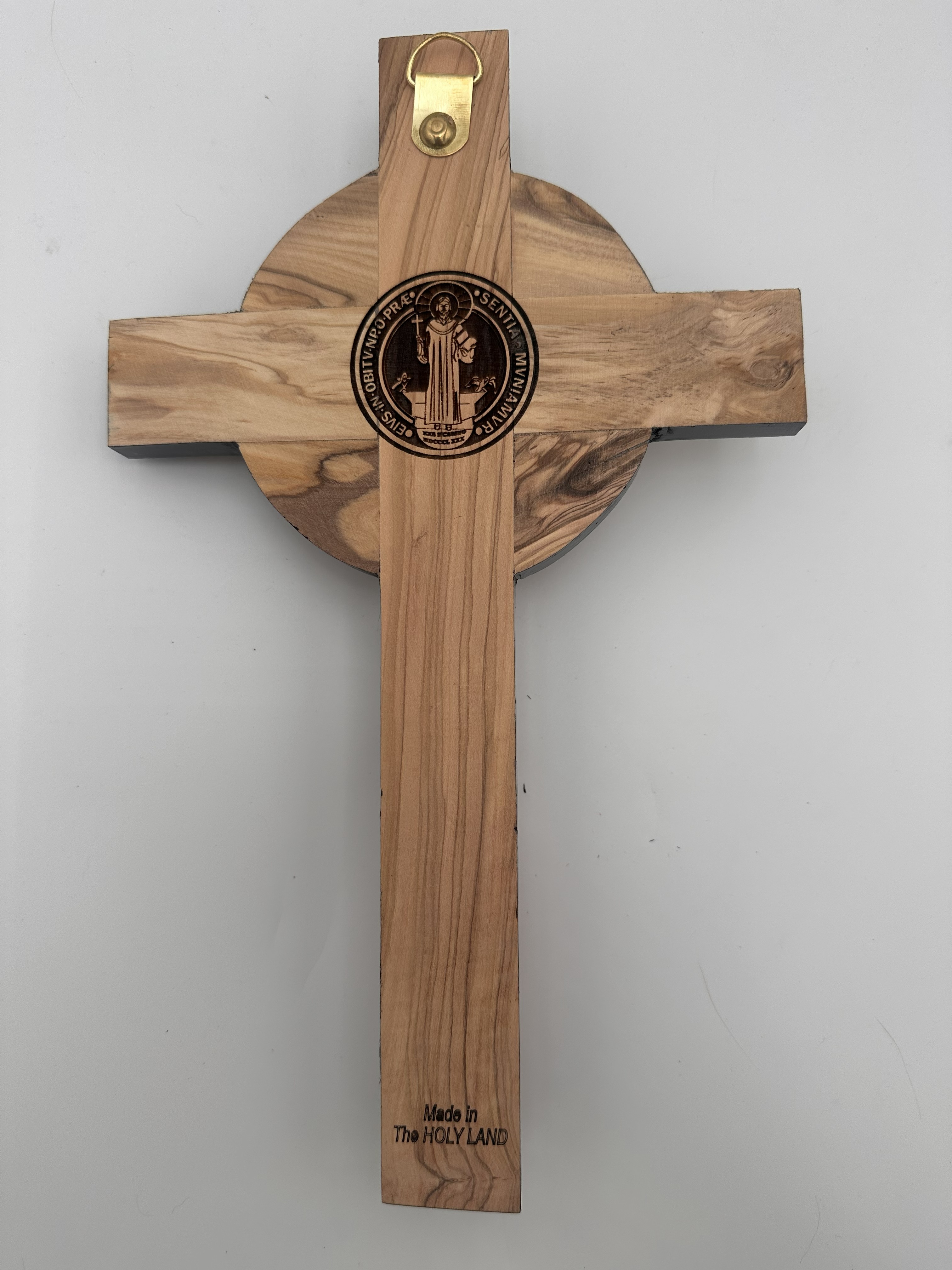 Olive Wood Benedictine Crucifix with Holy Land Reliquaries, Black Edges 3