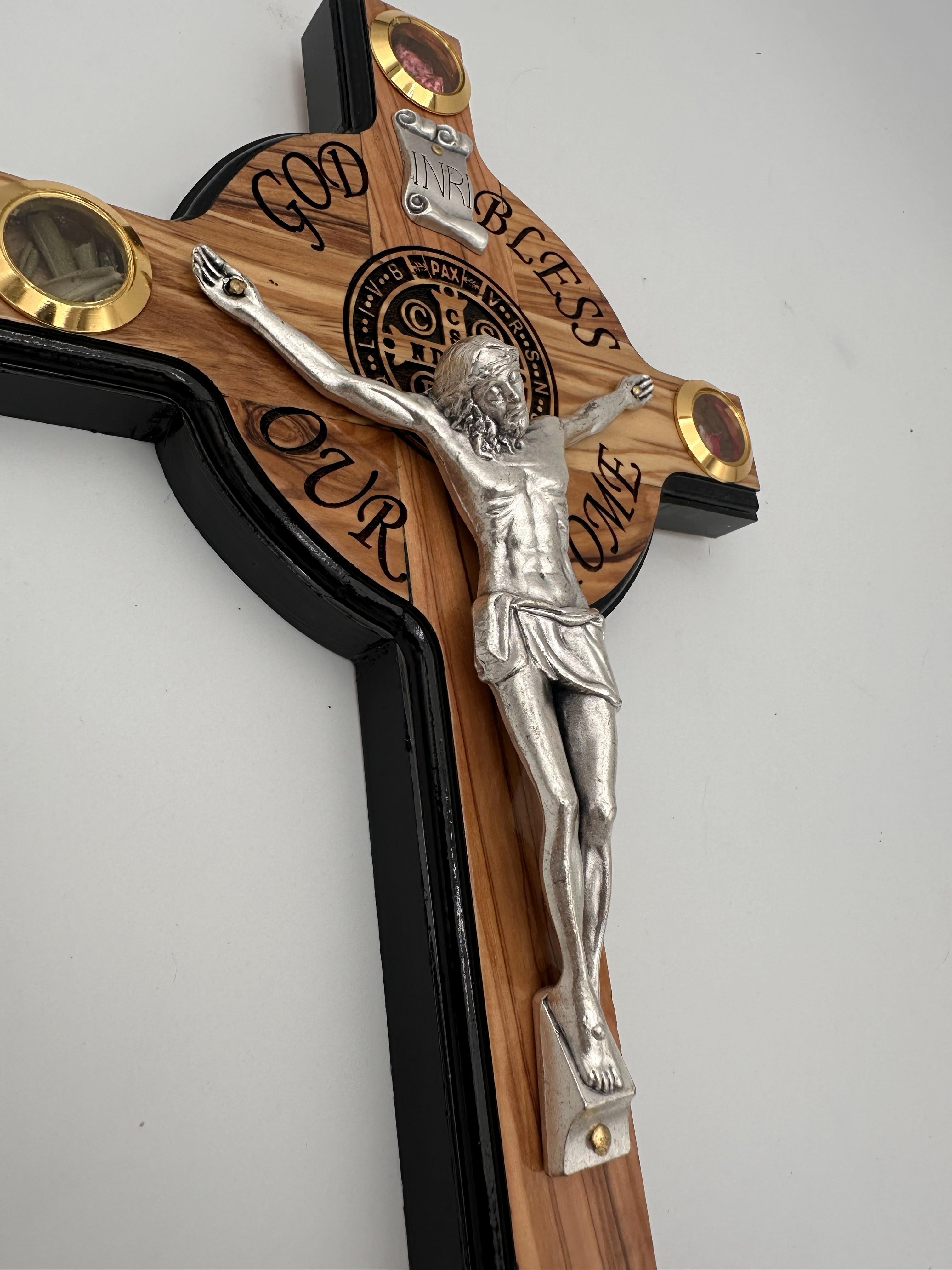 Olive Wood Benedictine Crucifix with Holy Land Reliquaries, Black Edges 2